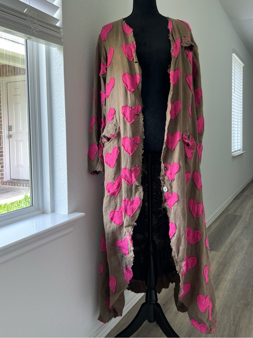 Magnolia Pearl Brown Trench Coat with Hot Pink Heart Appliqués